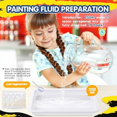 Child pouring water into a tray for painting fluid preparation with carrageenan.