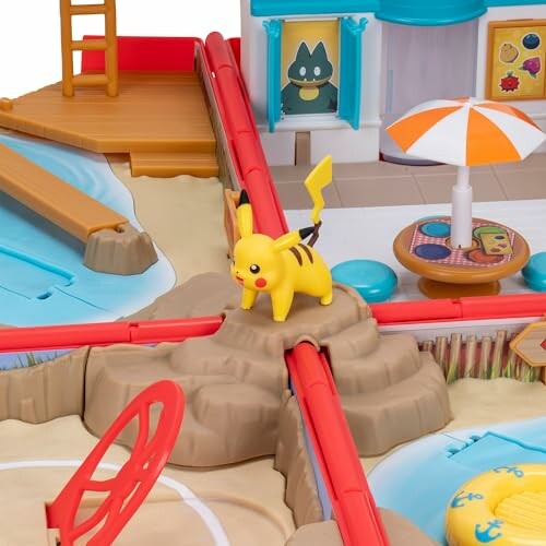 Pikachu toy on a colorful playset with slides and pool.