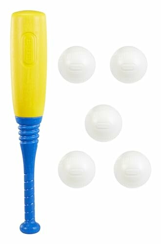 Yellow and blue plastic bat with five white balls