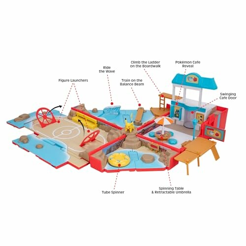 Pokemon themed playset with various features like figure launchers, balance beam, and cafe.