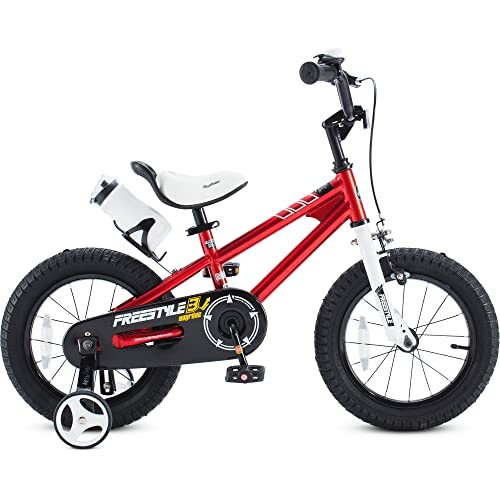 Red kids freestyle bike with training wheels and water bottle holder.