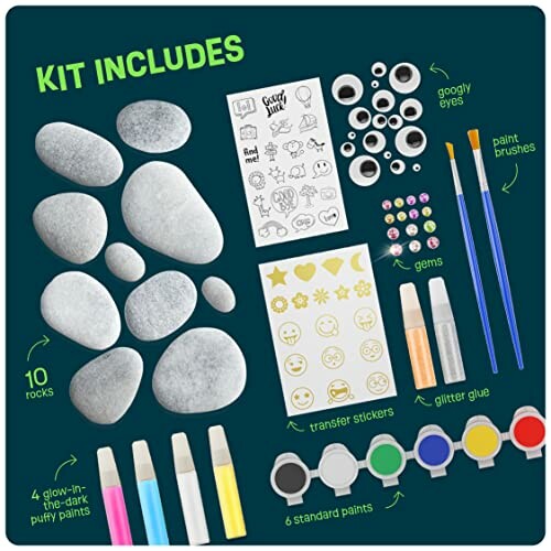 Contents of a rock painting kit including rocks, paints, brushes, stickers, and googly eyes.