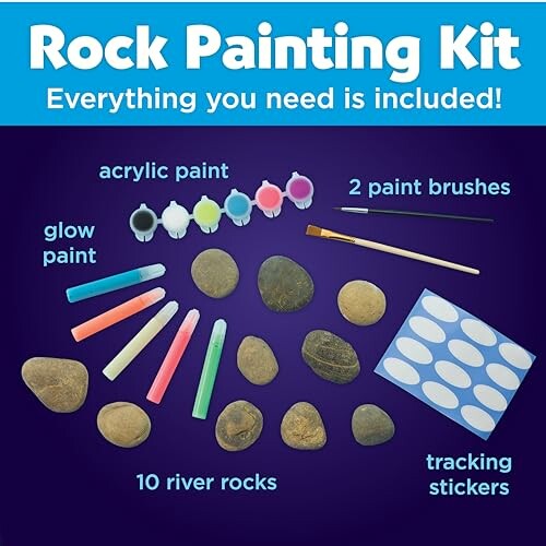 Contents of a rock painting kit including paints, brushes, rocks, and stickers.