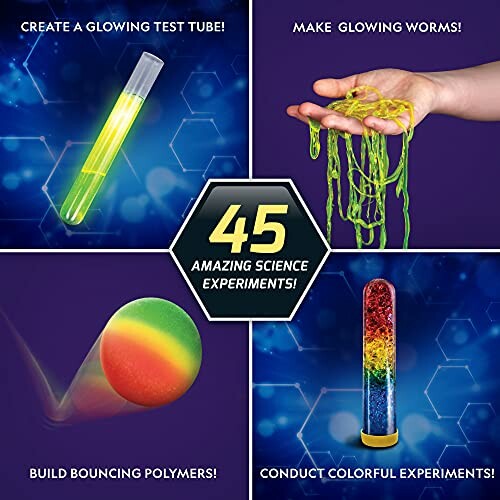 Four different science experiments including glowing test tube, glowing worms, bouncing polymers, and colorful experiments.