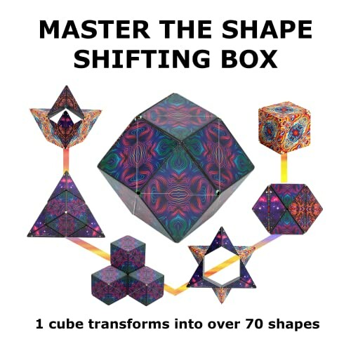 Colorful shape-shifting box puzzle with various geometric transformations.