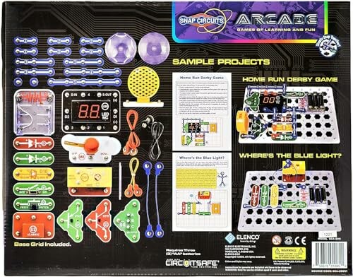 Snap Circuits Arcade kit with parts and project examples.