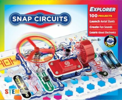 Snap Circuits Explorer kit box showcasing electronic components and project features.