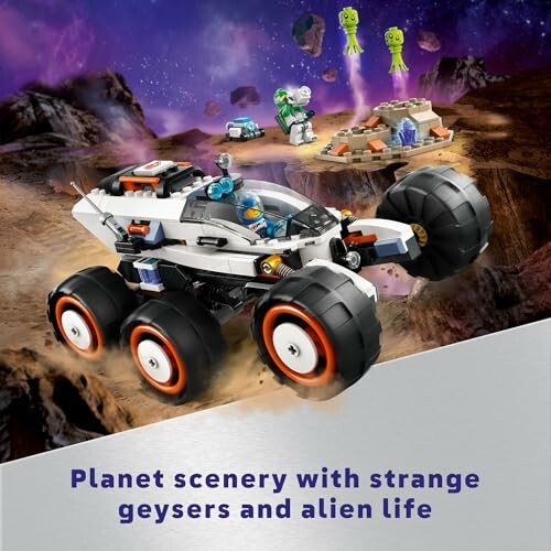 Toy space rover and aliens on a rocky planet surface with geysers.