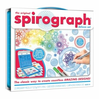 Spirograph Deluxe Set with drawing tools and design examples.