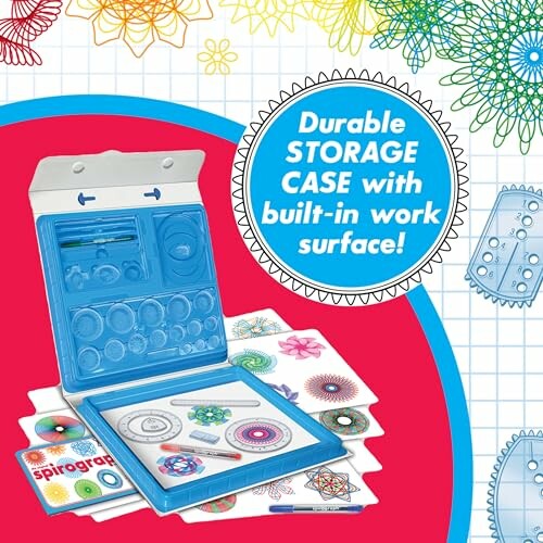 Spirograph storage case with built-in work surface and colorful designs.