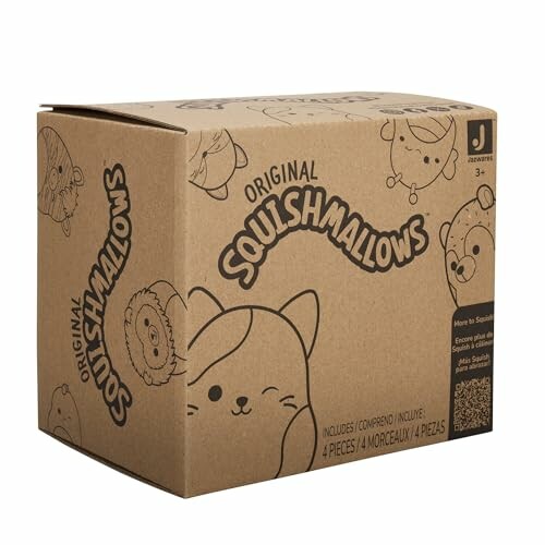 Cardboard box of Original Squishmallows with cute illustrations.