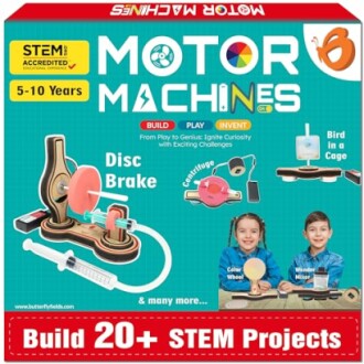 STEM motor machines kit for kids aged 5-10 featuring disc brake, centrifuge, and bird in a cage projects.