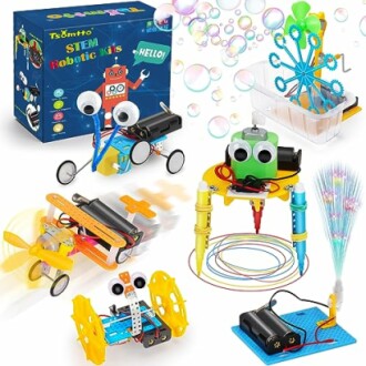 STEM robotic kits with various colorful robot models and bubble machine.