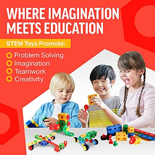 Children playing with colorful STEM toys promoting problem solving, imagination, teamwork, and creativity.