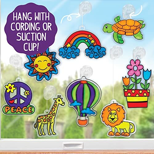 Colorful suncatcher designs including sun, rainbow, turtle, peace sign, giraffe, hot air balloon, flower pot, and lion.