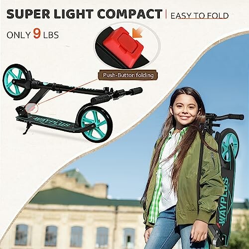 Girl with a folded, lightweight scooter featuring easy push-button folding.