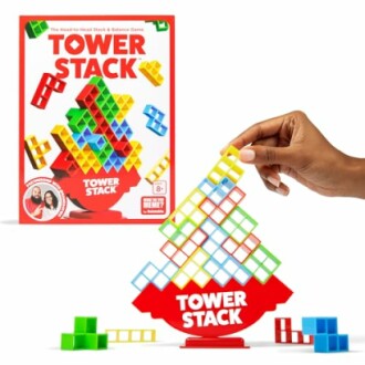 Hand playing Tower Stack balancing game with colorful blocks.