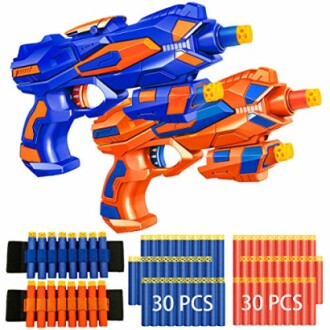 Two colorful toy blasters with foam dart sets.