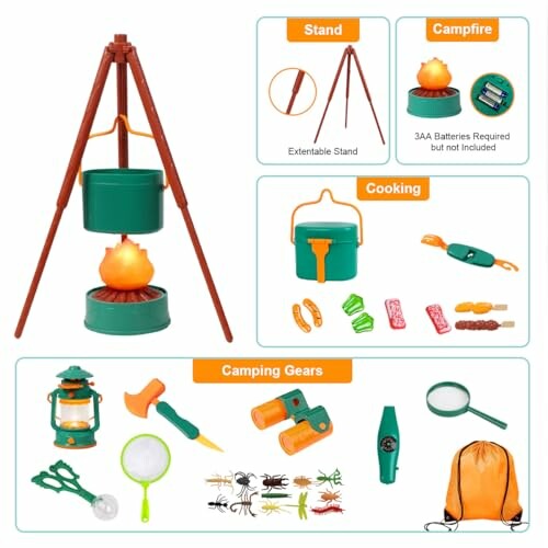 Toy camping set with cooking gear and campfire.