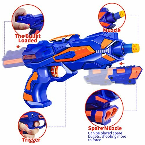 Diagram of a blue and orange toy dart gun with labeled parts.