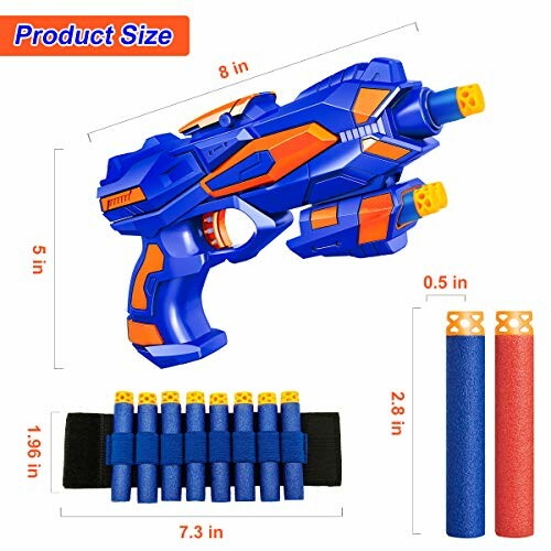 Toy dart gun with dimensions and foam darts.