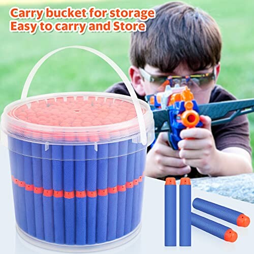 Child aiming toy dart gun with ammo storage bucket.