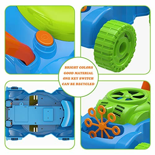 Colorful toy lawn mower with close-up details and features.