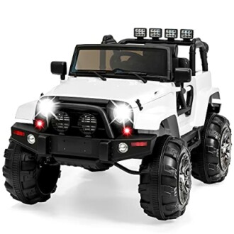 White toy ride-on jeep with large tires and lights.