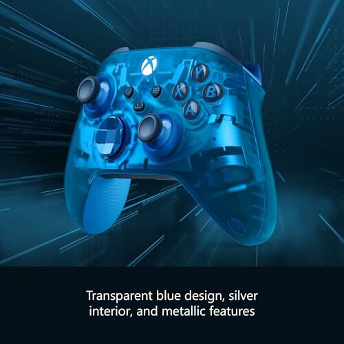 Transparent blue gaming controller with silver interior and metallic features.