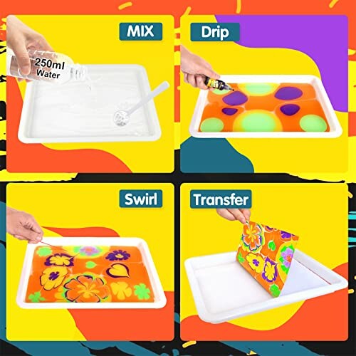 Four steps of water marbling art: mix, drip, swirl, transfer.