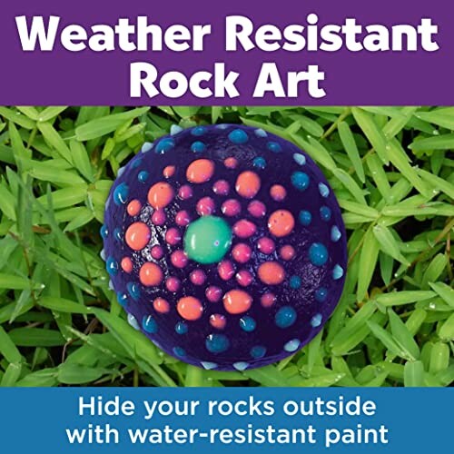 Colorful rock art with text about weather-resistant paint