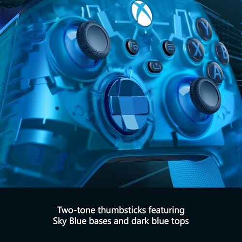 Xbox controller with blue two-tone design and thumbsticks.